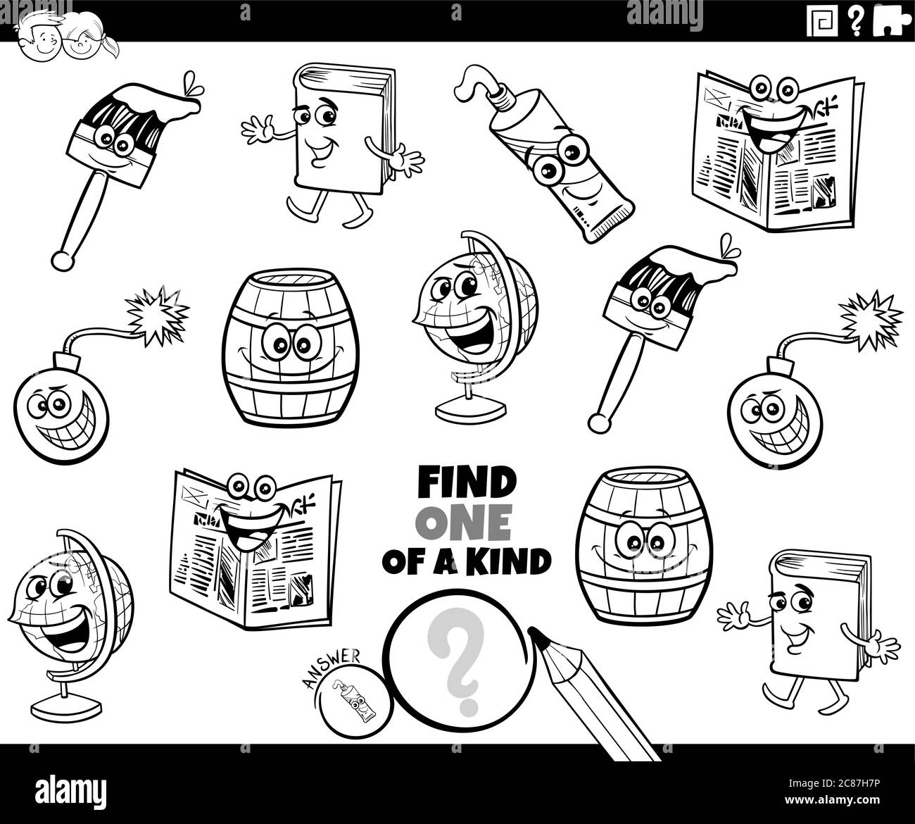 Black and White Cartoon Illustration of Find One of a Kind Picture ...