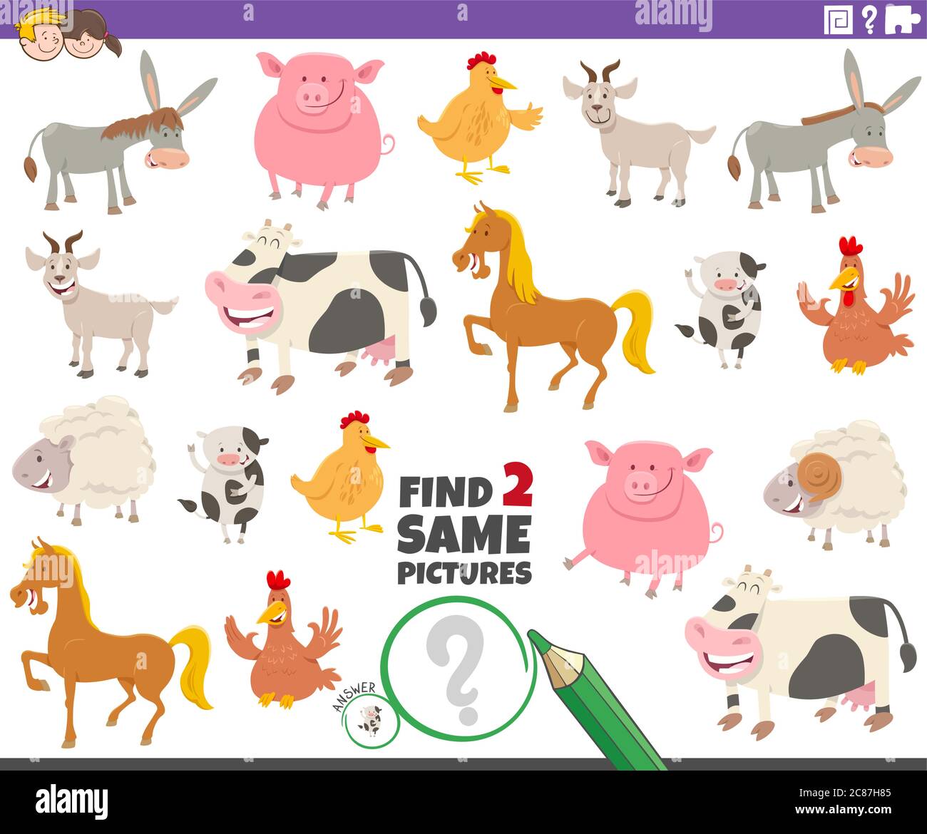 Cartoon Illustration of Finding Two Same Pictures Educational Game for ...
