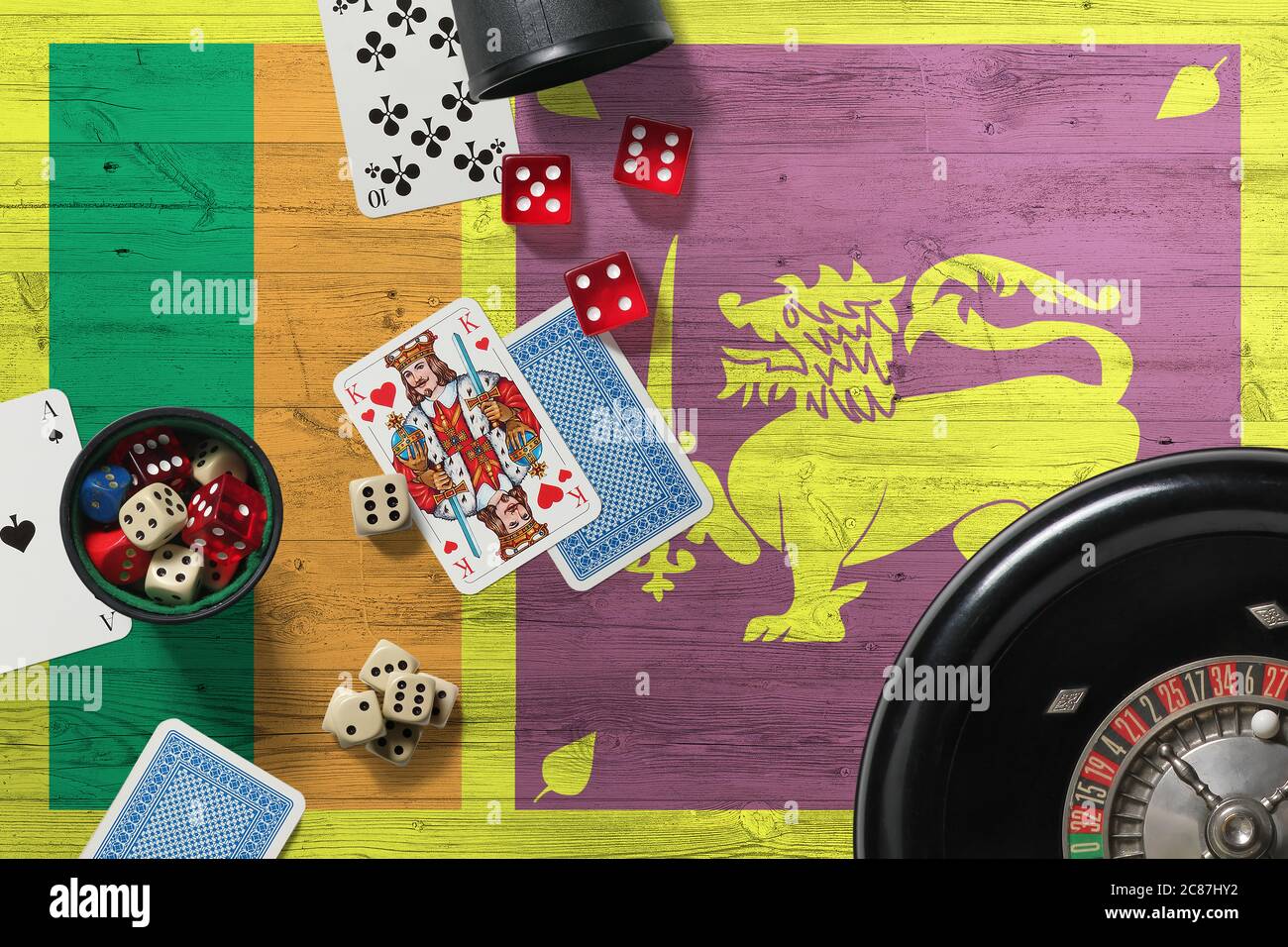 Sri Lanka casino theme. Aces in poker game, cards and chips on red