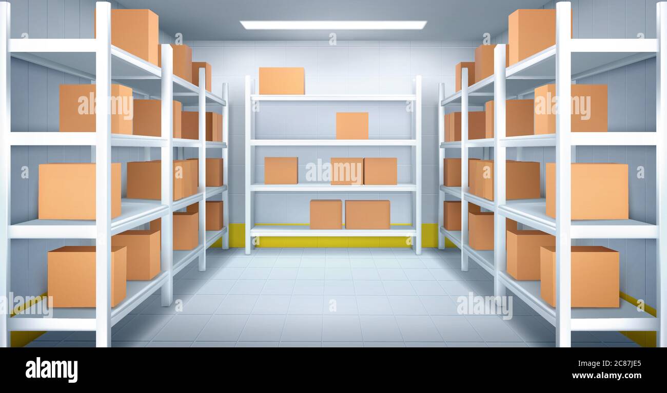 Cold room in warehouse with cardboard boxes on racks. Vector realistic interior of industrial storage with shelves, tiled walls and floor. Refrigerator chamber in factory, store or restaurant Stock Vector