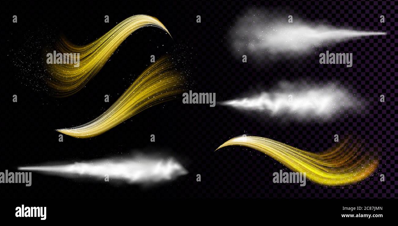 White dust spray and wavy flows of golden powder isolated on transparent background. Vector realistic set of smoke or vapor with particles splash from aerosol, stream of spraying cosmetic Stock Vector