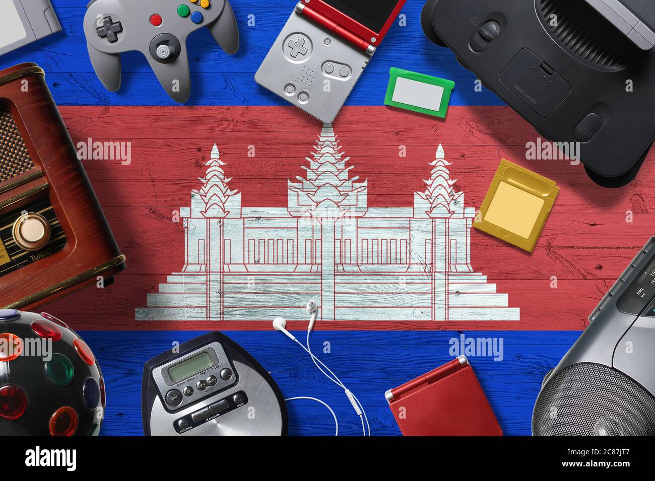 Cambodia retro gaming concept. A collection of retro video game