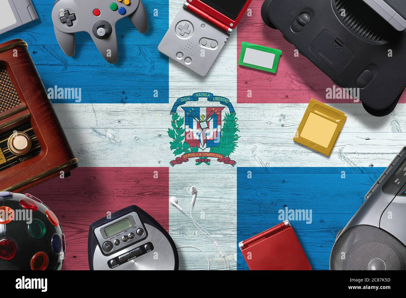 Dominican Republic retro gaming concept. A collection of retro video