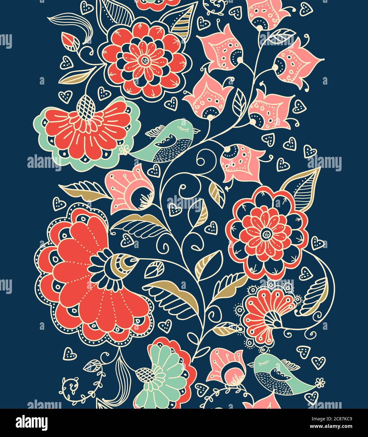 vertical seamless colorful floral pattern in doodle style with flowers. leaves and birds.  Vector Stock Vector