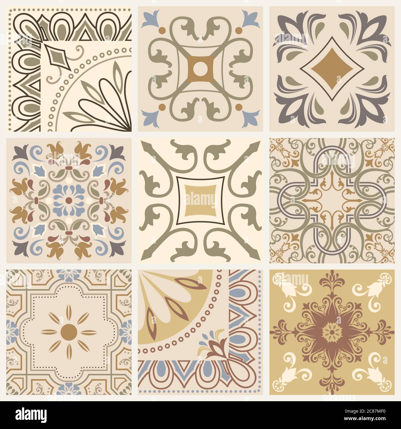 Collection of 9 ceramic tiles in brown and beige. Vector. Stock Vector