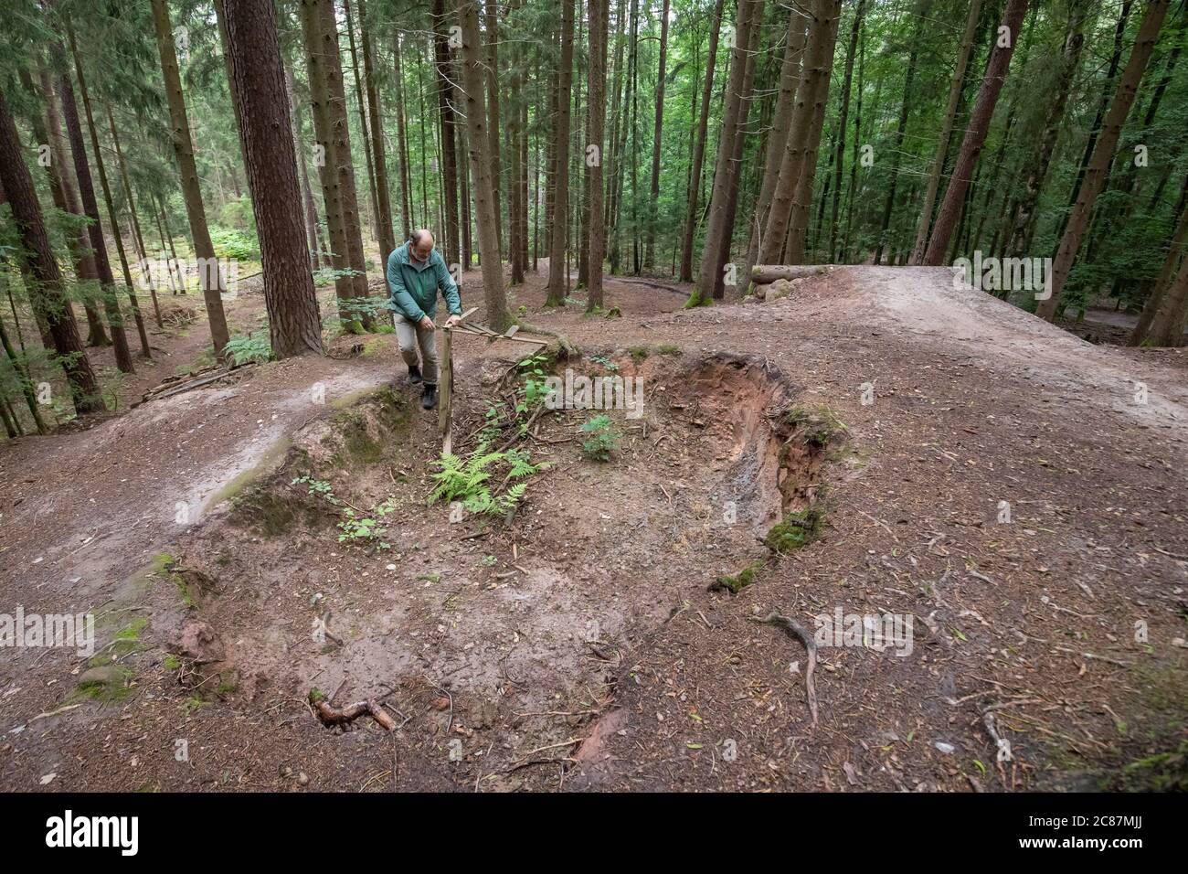 Rektangel at opfinde utilsigtet 17 July 2020, Bavaria, Nuremberg: Hans-Joachim Ulrich, a forester at the  Bavarian State Forestry, is looking at a jumping course in Nuremberg's  Reichswald that was built by mountain bikers themselves and is