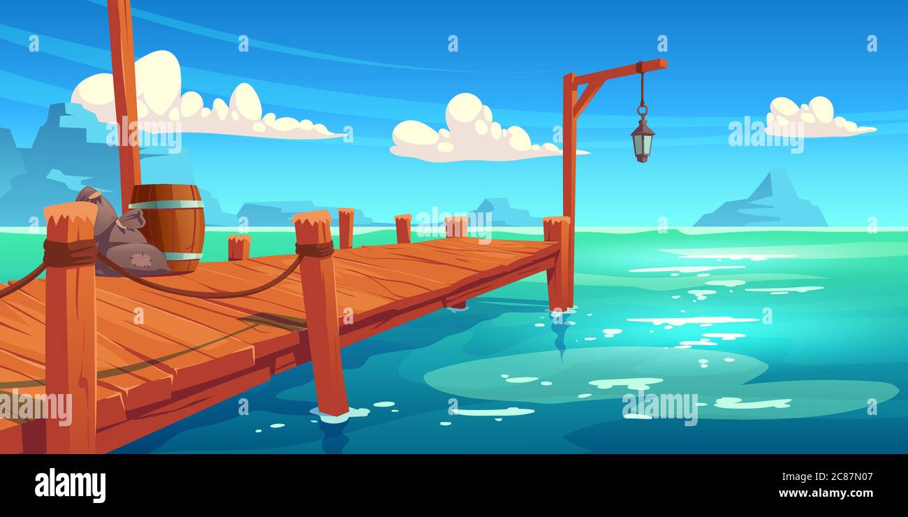 Wooden pier on river, lake or sea landscape, wharf with ropes, lantern, wood barrel and sacks on picturesque background with blue water, clouds in sky and mountains view. Cartoon vector illustration Stock Vector