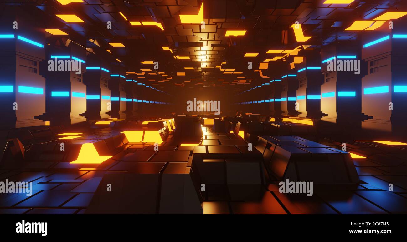 3d render sci-fi style corridor with glowing floor, ceiling and pillar. Stock Photo