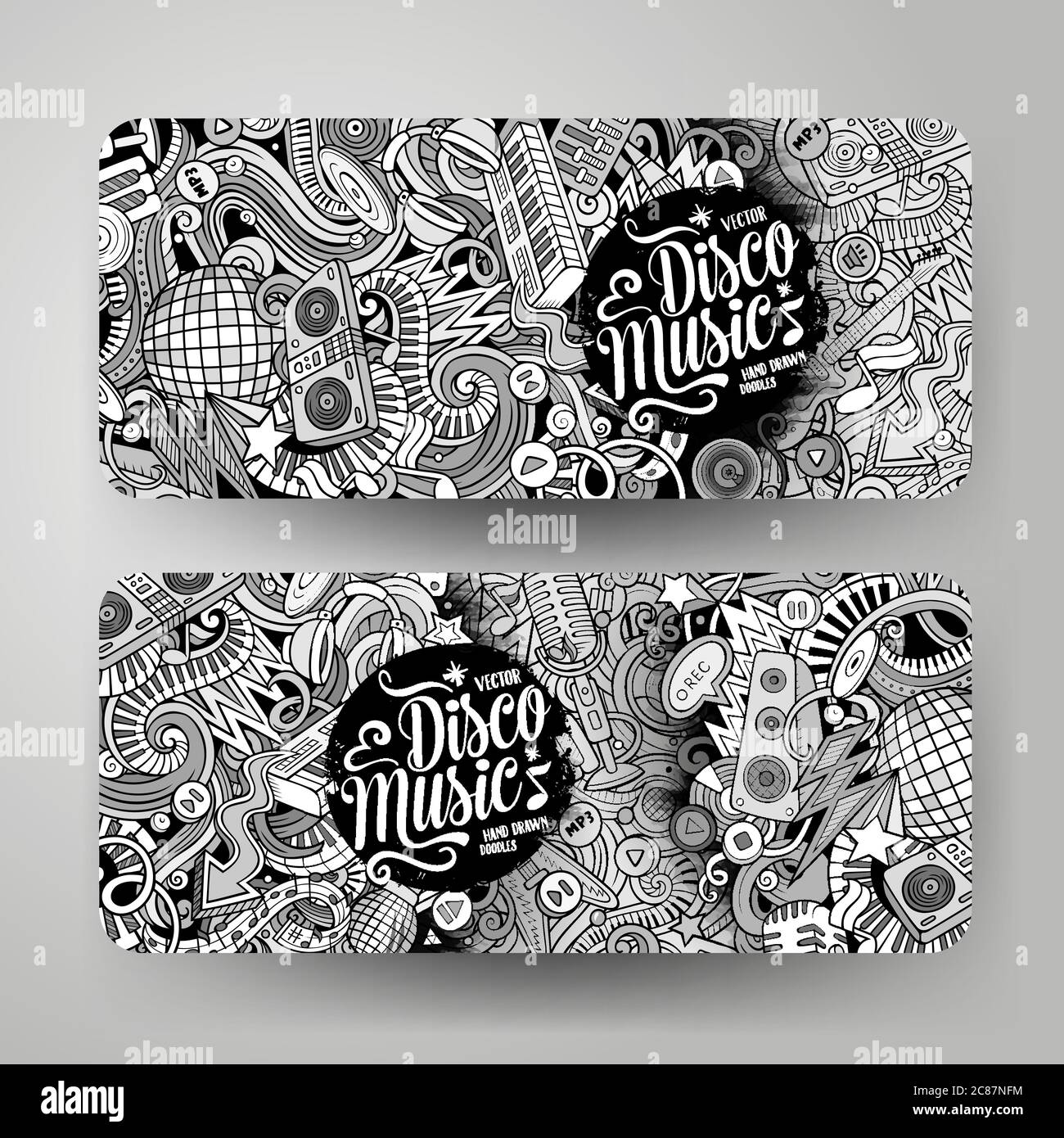 Cartoon cute line art vector hand drawn doodles Disco music banners ...