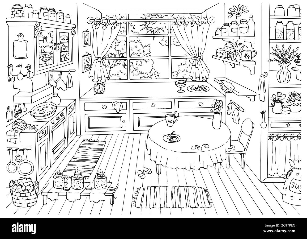 https://c8.alamy.com/comp/2C87PEG/cute-hand-drawn-vector-illustration-of-vintage-country-style-kitchen-with-nobody-funny-scene-creator-graphic-vintage-background-line-art-drawing-fo-2C87PEG.jpg