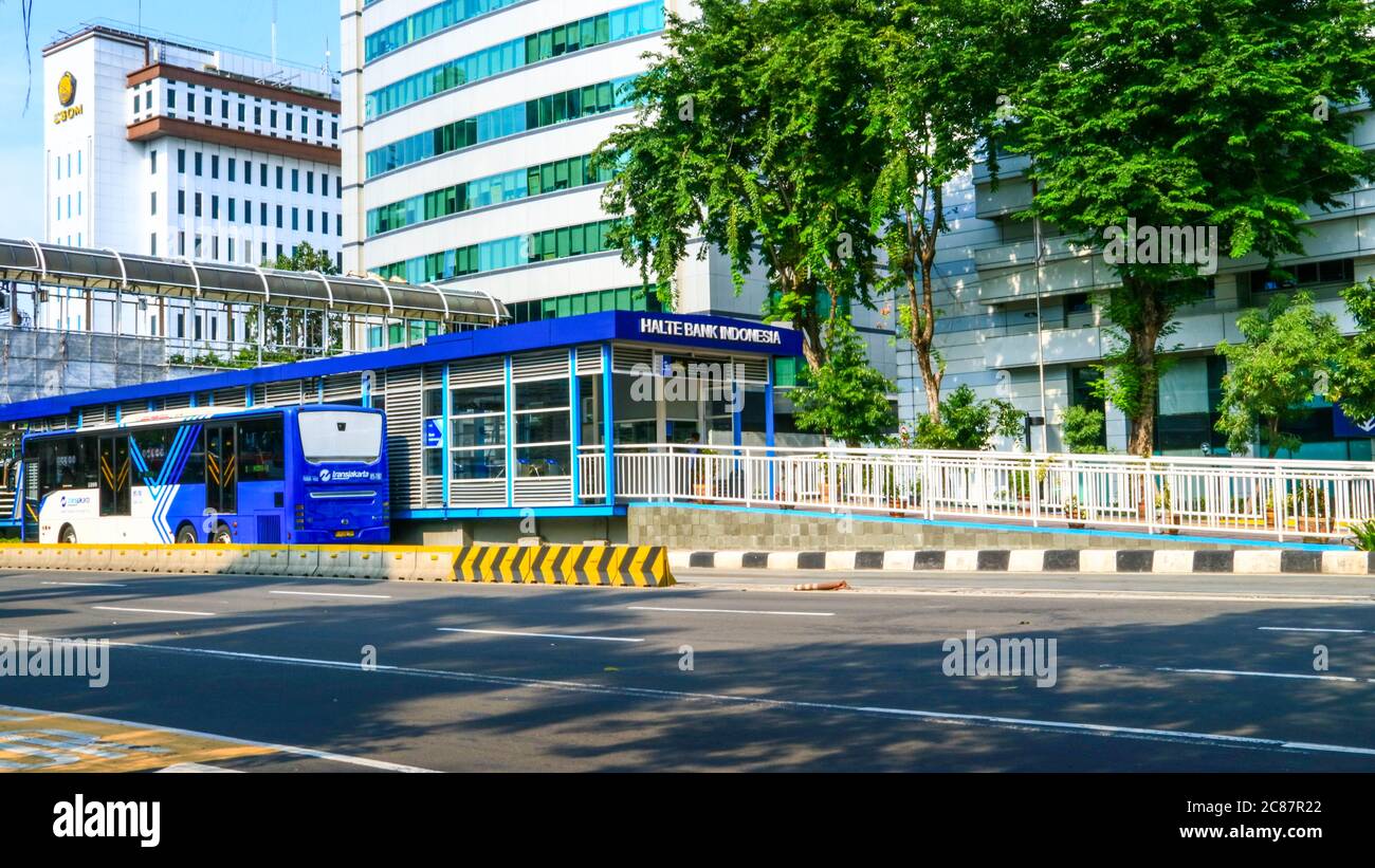Jakarta Indonesia February 14 2019 Transjakarta Bus Shelter Near Bank Of Indonesia Or Bank Indonesia Shelter Stock Photo Alamy