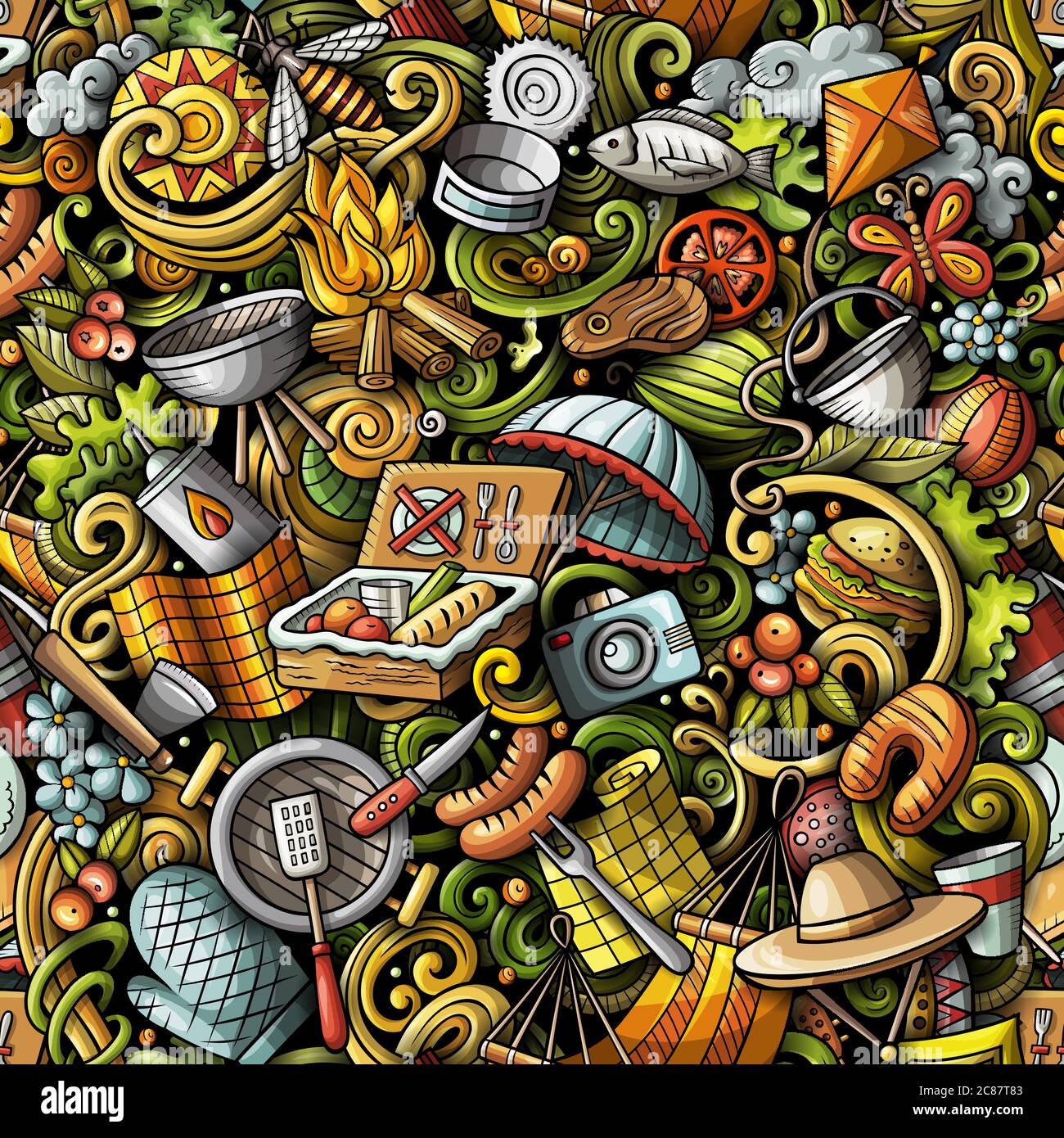 Picnic hand drawn doodles seamless pattern. BBQ background. Stock Vector