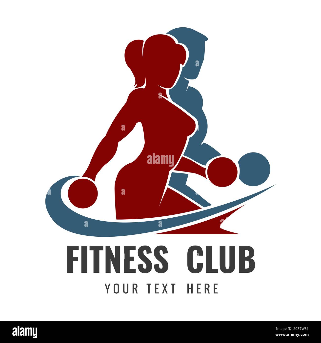 Fitness Club Logo or Emblem design. Training man and woman silhouettes with dumbbell. Vector illustration. Stock Vector