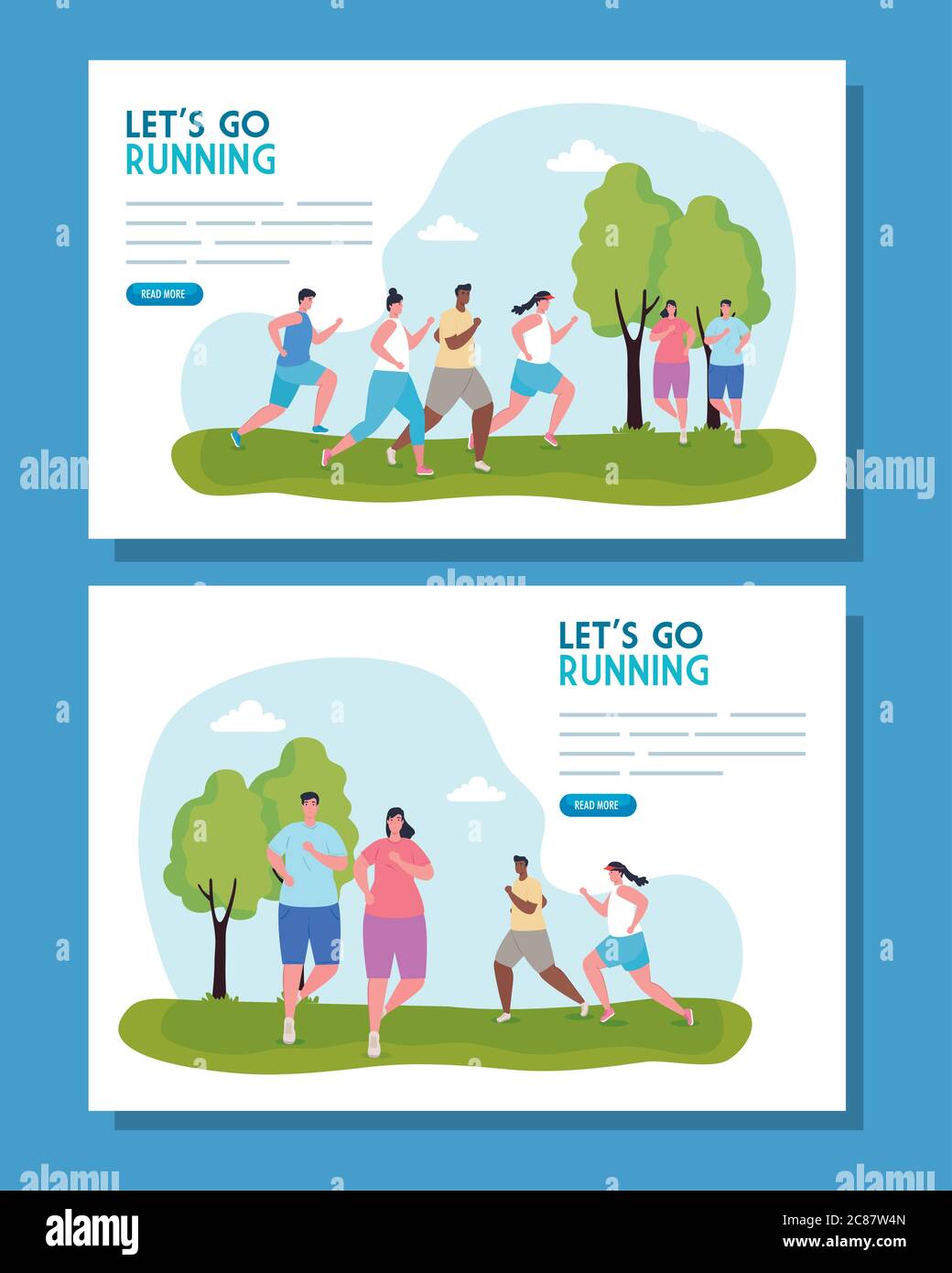 set of, banners lets go running, group people running outdoor Stock ...