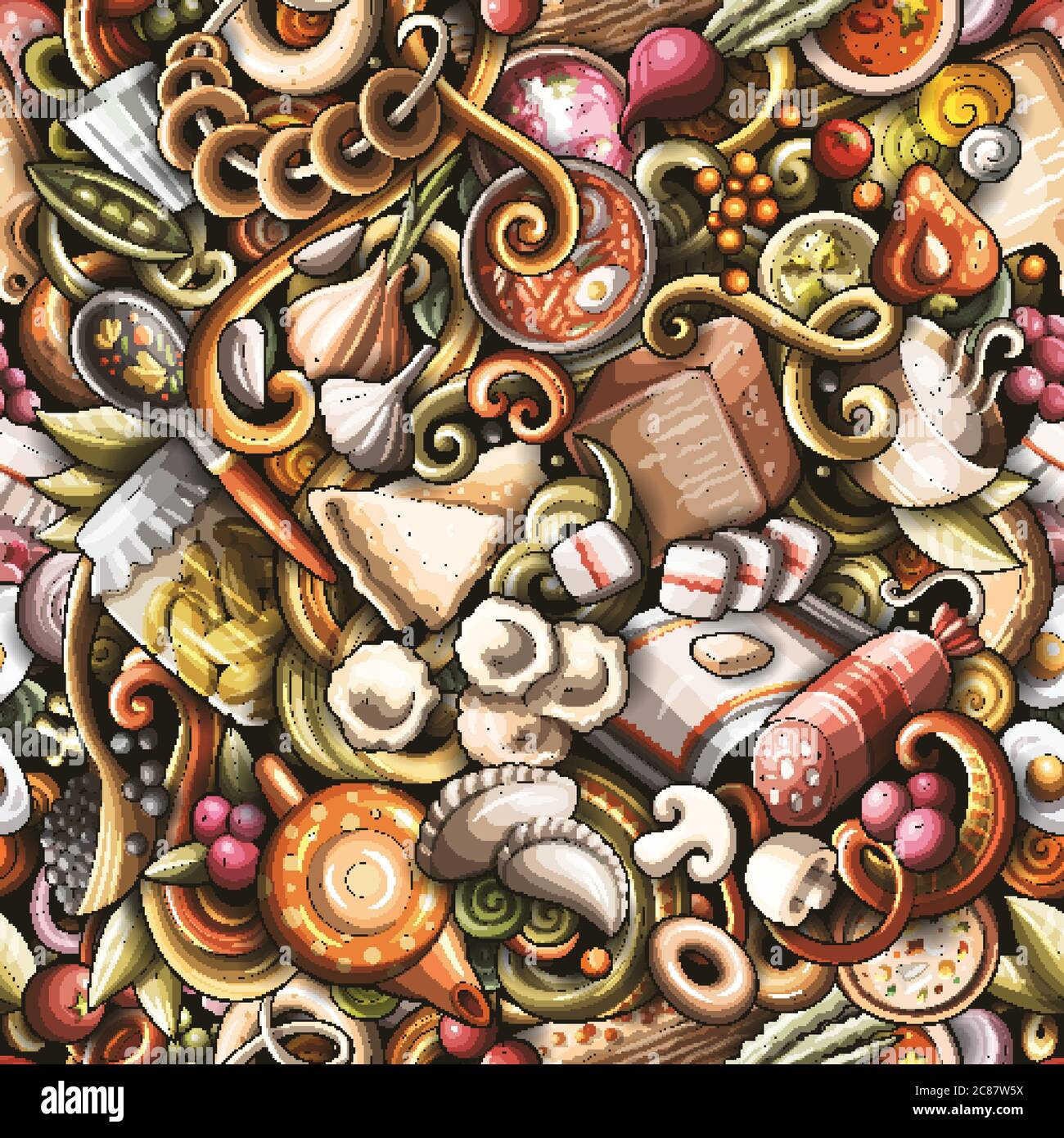 Cartoon cute doodles hand drawn Russian food seamless pattern Stock ...