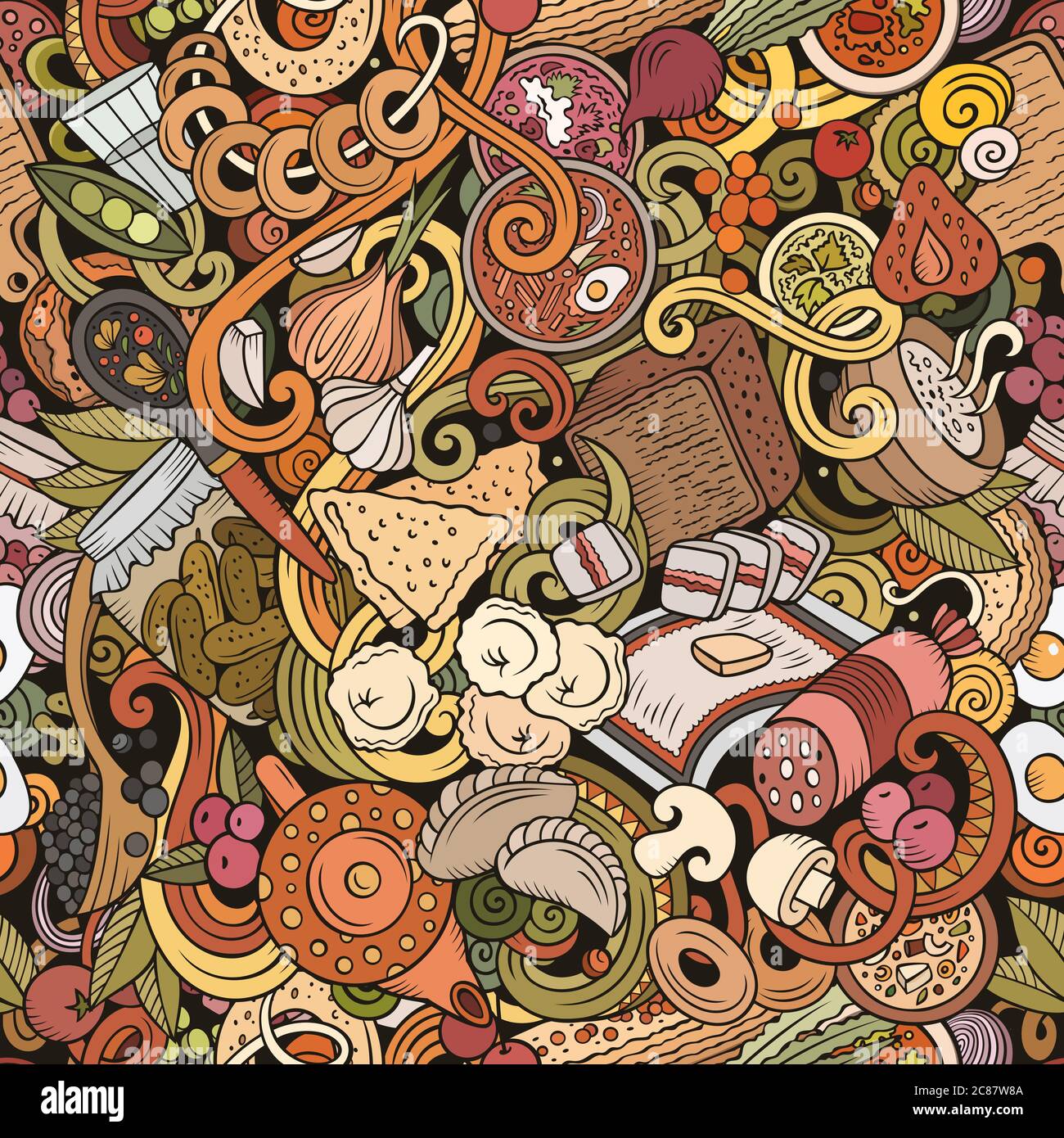 Cartoon cute doodles hand drawn Russian food seamless pattern Stock ...