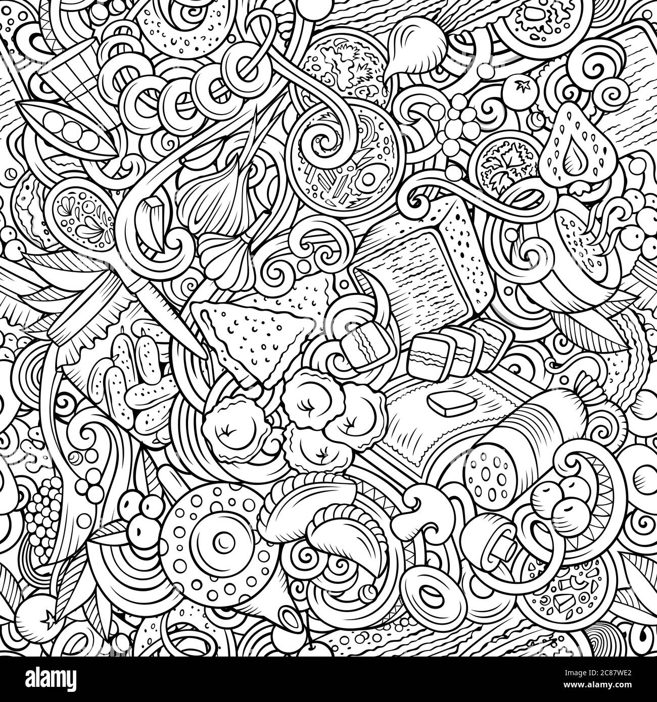 Cartoon cute doodles hand drawn Russian food seamless pattern Stock ...
