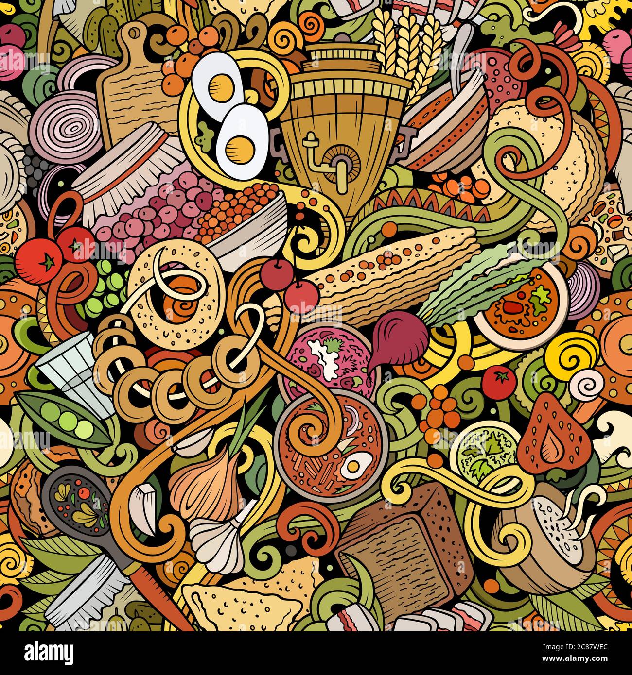 Cartoon cute doodles hand drawn Russian food seamless pattern Stock ...