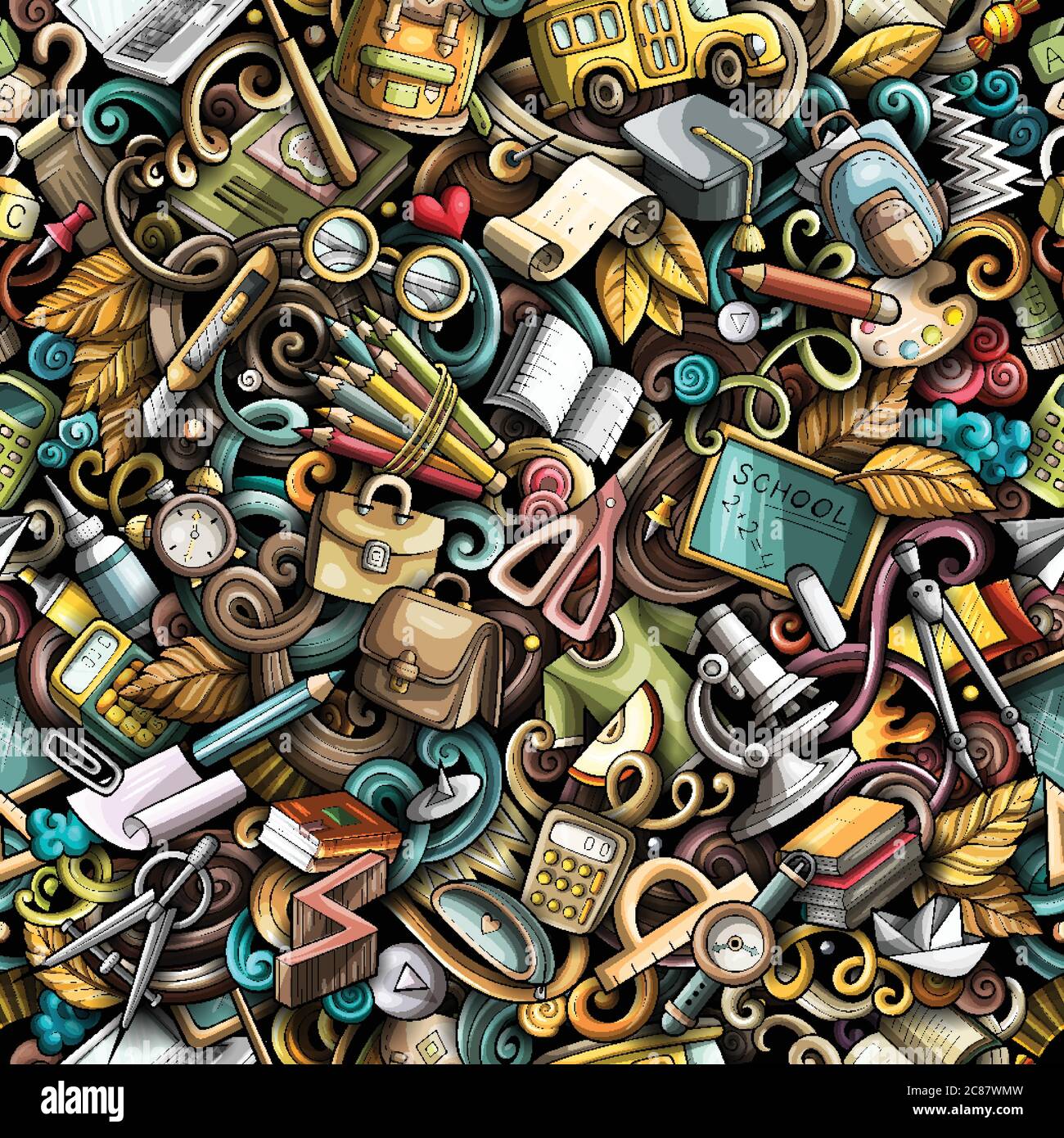 Cartoon cute doodles hand drawn School seamless pattern Stock Vector ...