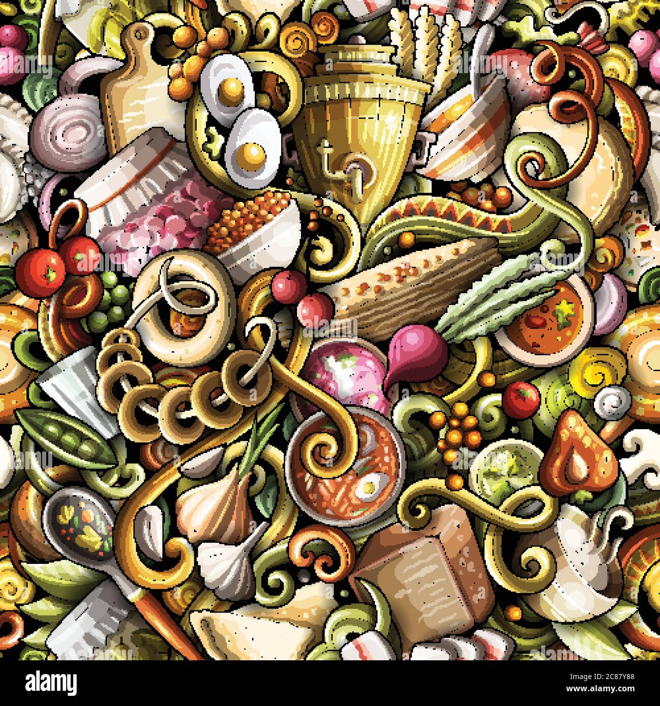 Cartoon cute doodles hand drawn Russian food seamless pattern Stock ...