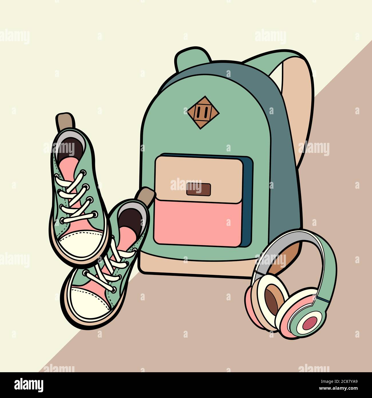 Backpack, sneakers and headphones vector isolate set. Youth fashion hipster rucksack shoes illustration logo sign poster Stock Vector