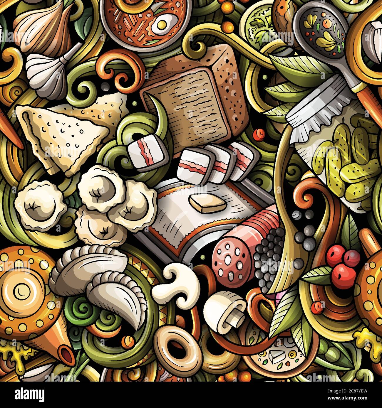 Cartoon cute doodles hand drawn Russian food seamless pattern Stock ...