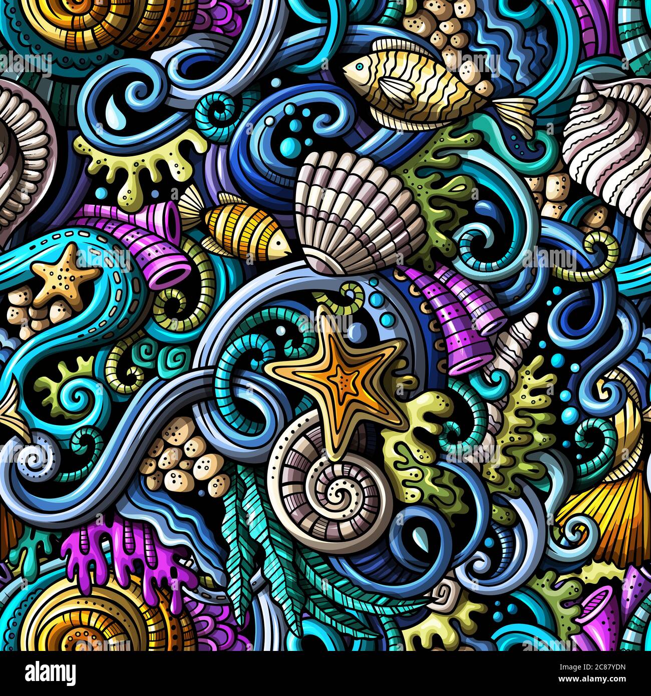 Cartoon doodles under water life seamless pattern Stock Vector