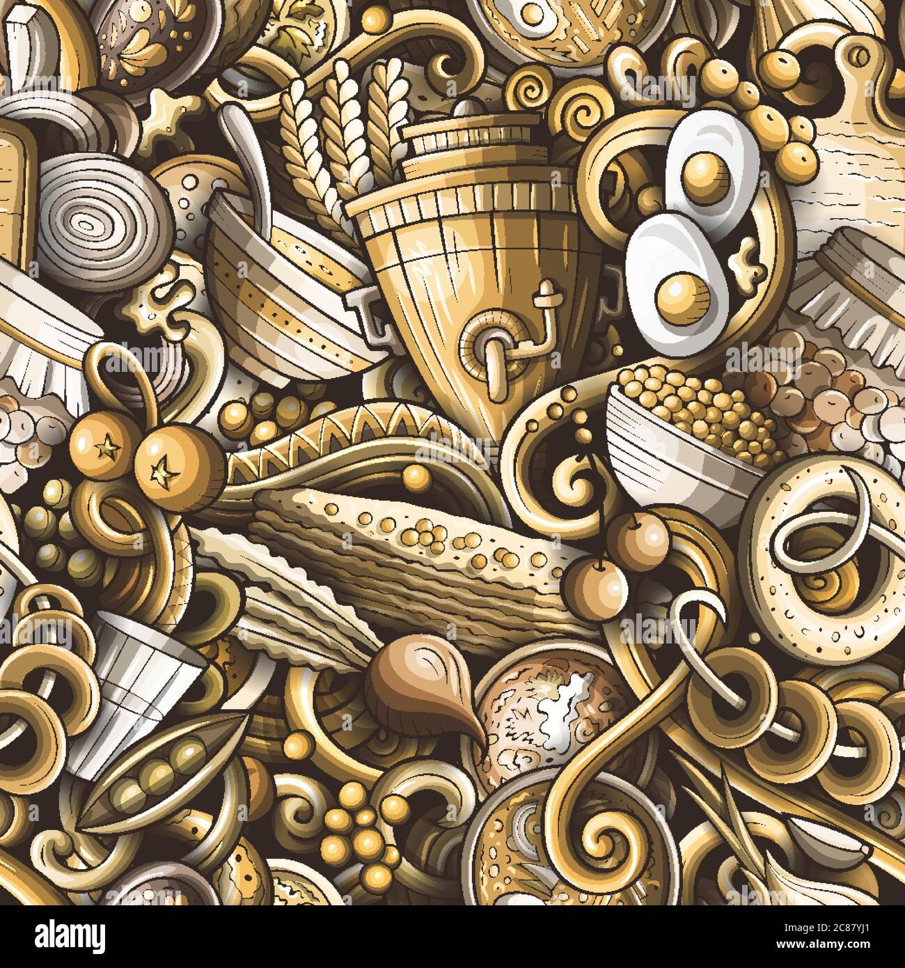 Cartoon cute doodles hand drawn Russian food seamless pattern Stock ...