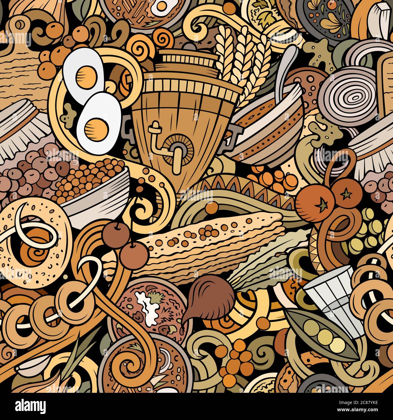 Cartoon cute doodles hand drawn Russian food seamless pattern Stock ...