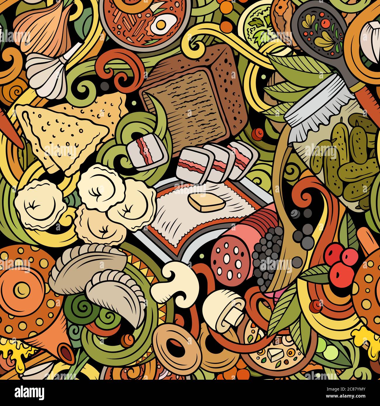 Cartoon cute doodles hand drawn Russian food seamless pattern Stock ...