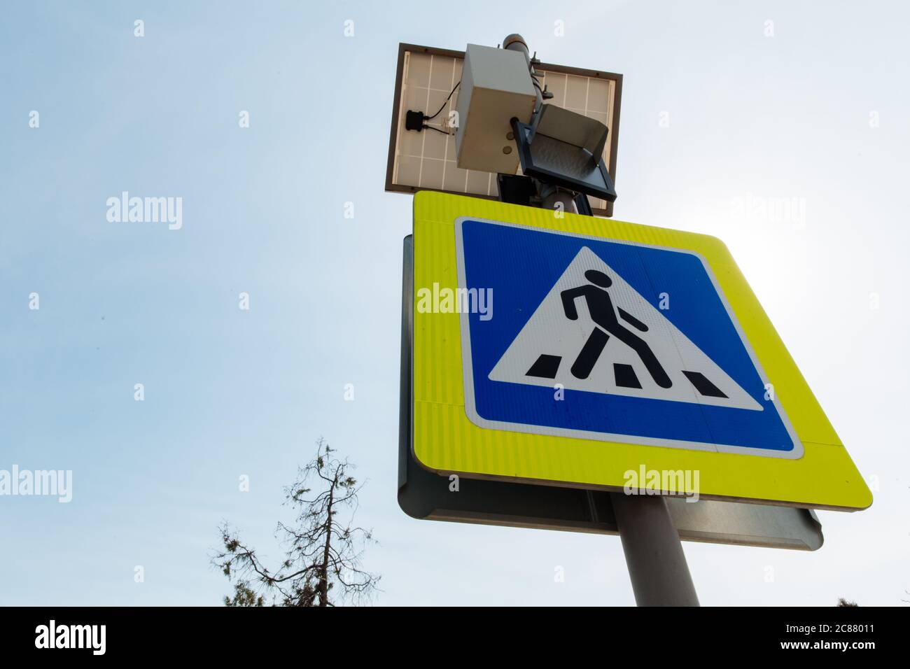 Pedestrian Blue And Yellow Street Sign High Resolution Stock Photography And Images Alamy