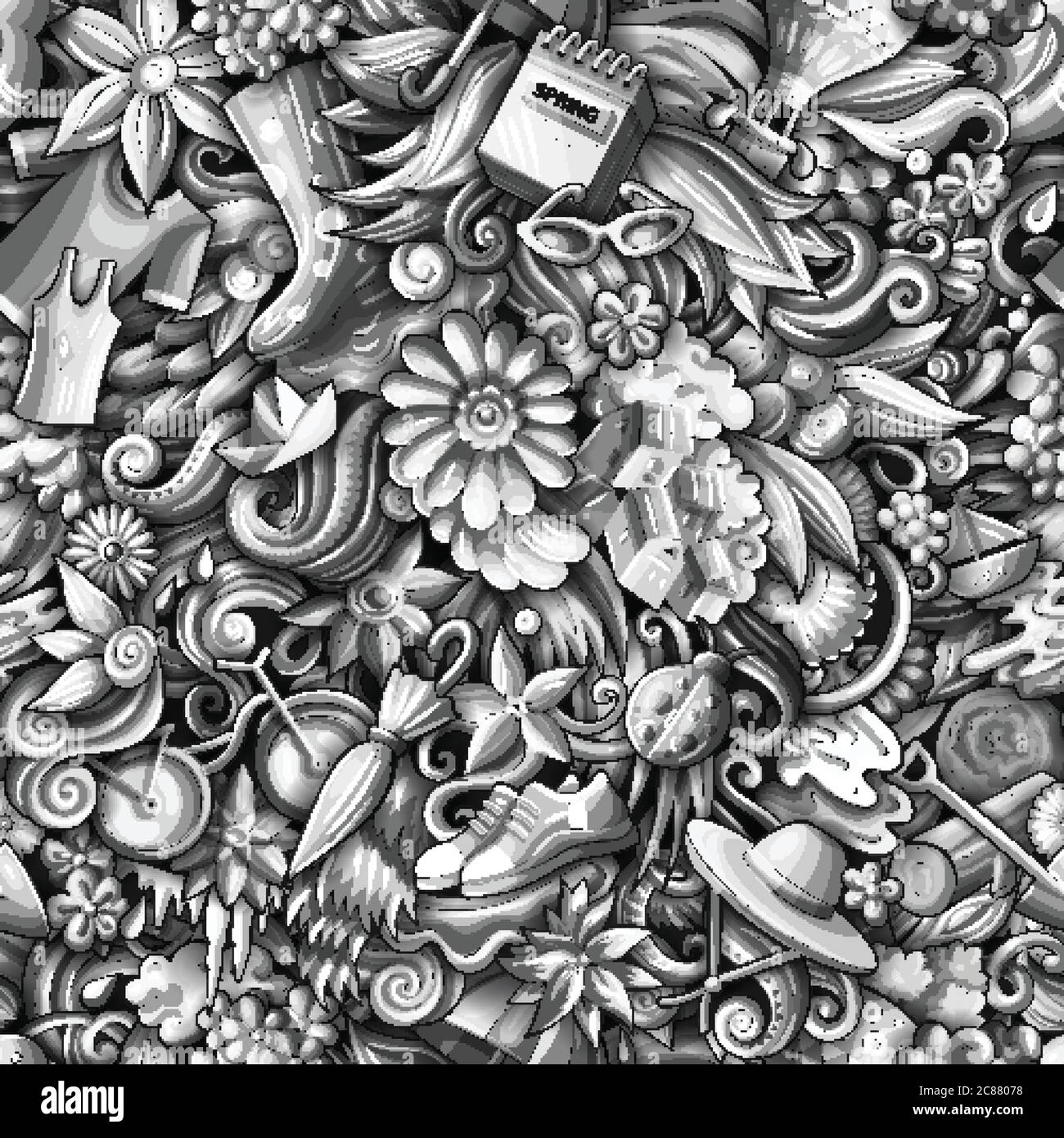 Cartoon cute doodles hand drawn Spring seamless pattern Stock Vector ...