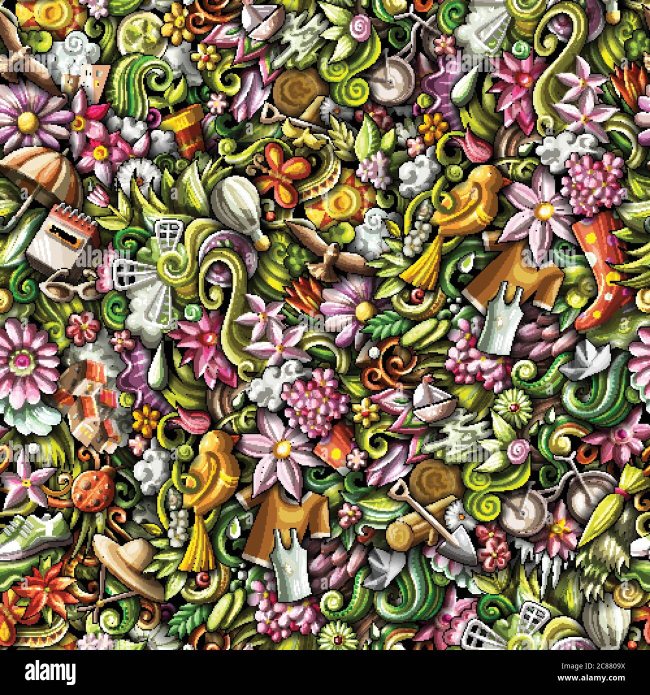 Cartoon cute doodles hand drawn Spring seamless pattern. Stock Vector