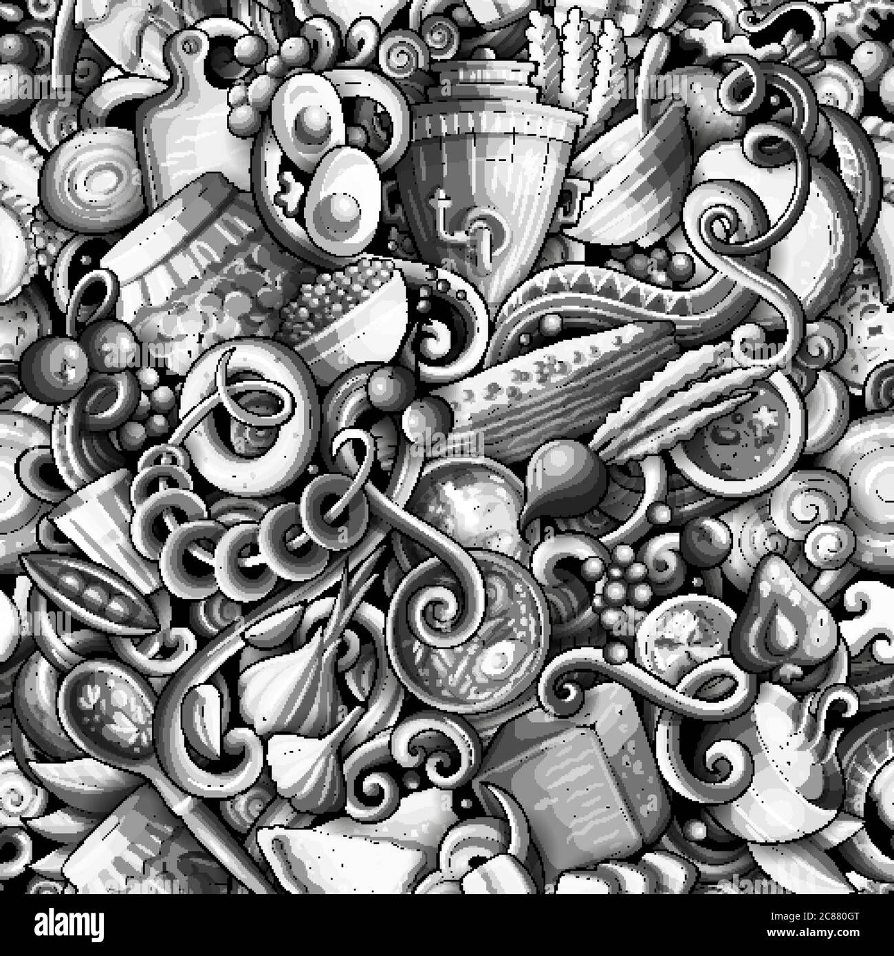 Cartoon cute doodles hand drawn Russian food seamless pattern Stock ...
