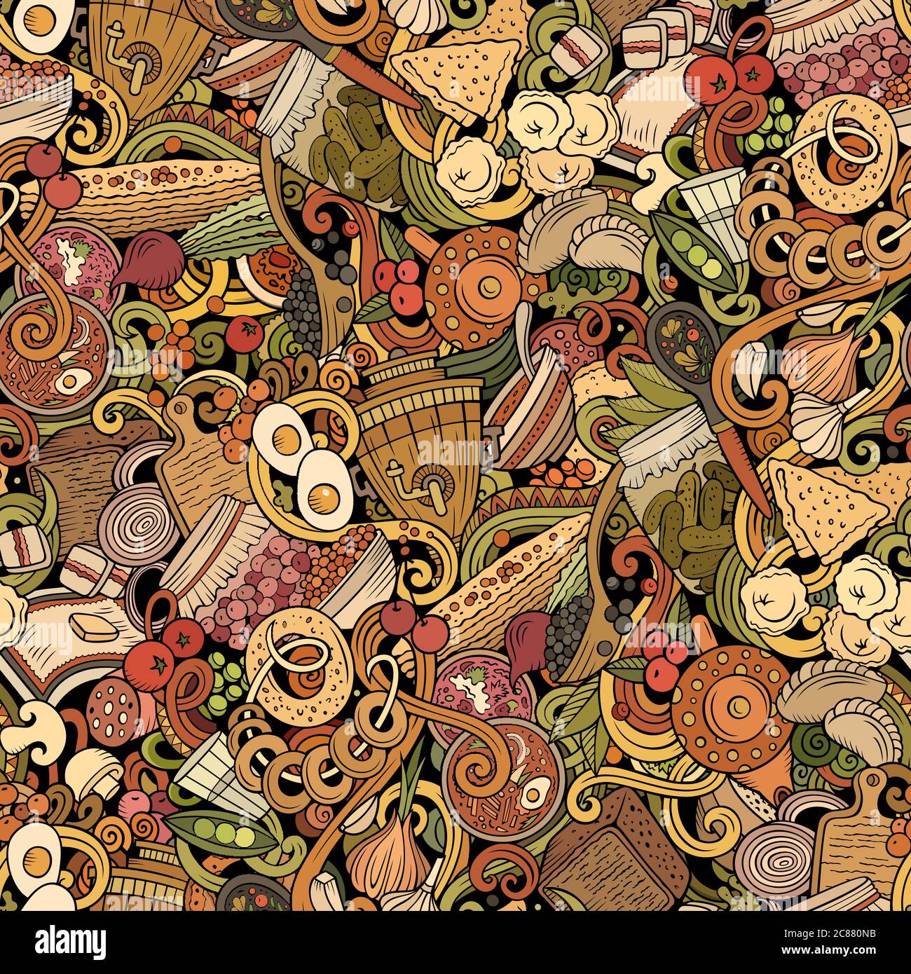Cartoon cute doodles hand drawn Russian food seamless pattern Stock ...