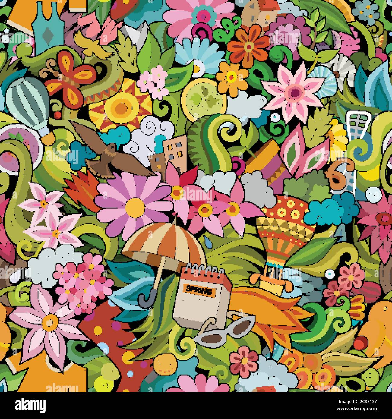 Cartoon cute doodles hand drawn Spring seamless pattern Stock Vector ...