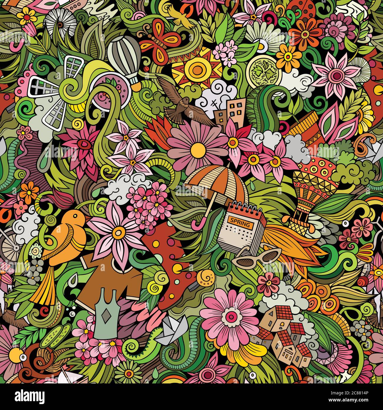 Cartoon cute doodles hand drawn Spring seamless pattern. Stock Vector