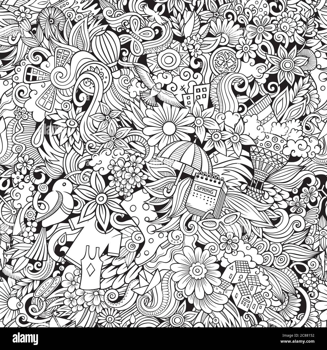 Cartoon cute doodles hand drawn Spring seamless pattern Stock Vector ...