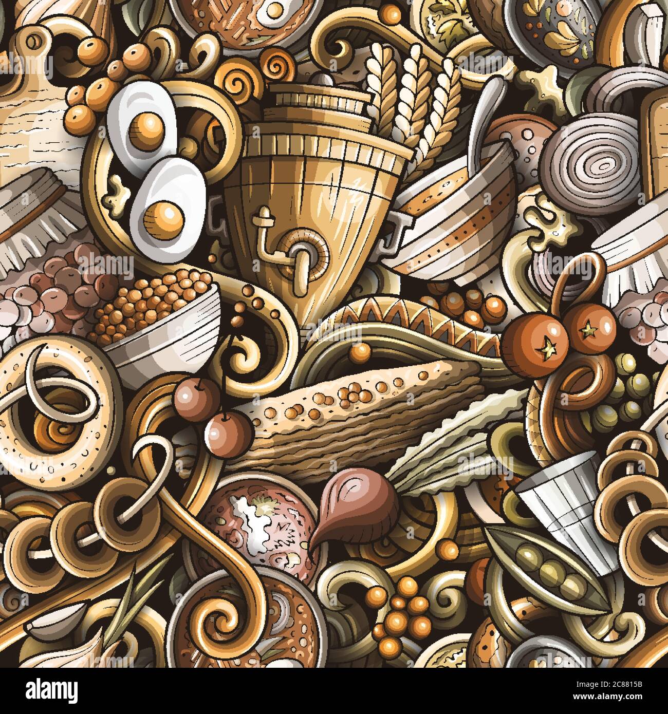 Cartoon cute doodles hand drawn Russian food seamless pattern Stock ...