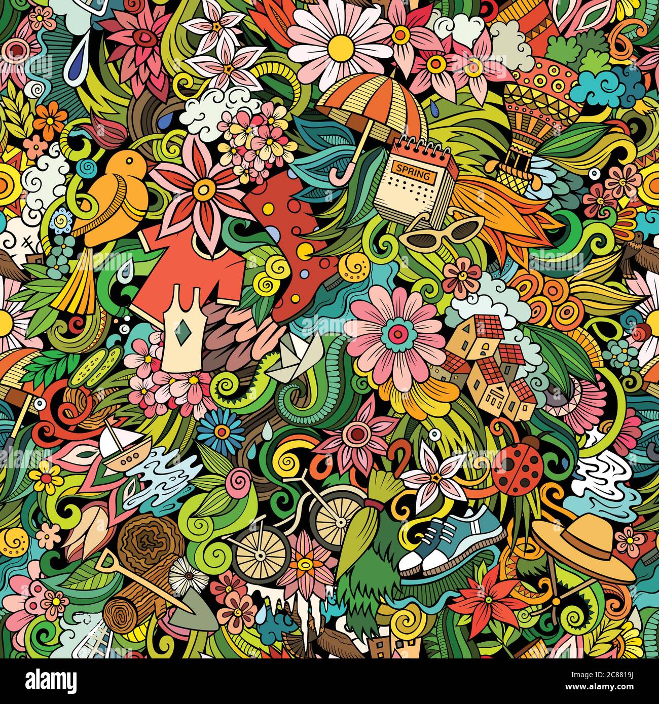 Cartoon cute doodles hand drawn Spring seamless pattern. Stock Vector