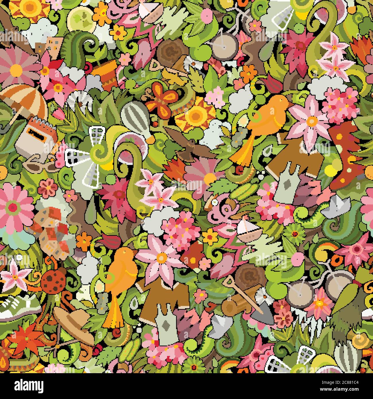 Cartoon cute doodles hand drawn Spring seamless pattern. Stock Vector