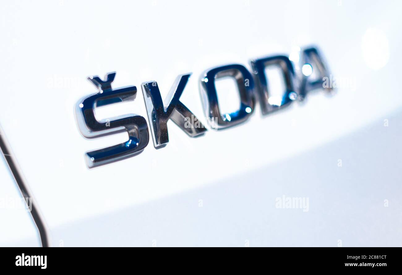Kharkiv, Ukraine - 19 May 2019: Close up Skoda logo on a white car Stock Photo