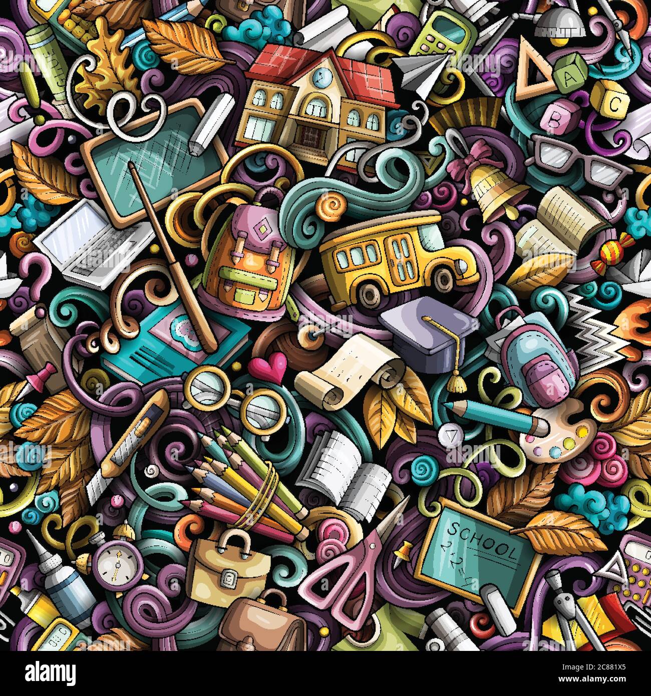 Cartoon cute doodles hand drawn School seamless pattern Stock Vector ...