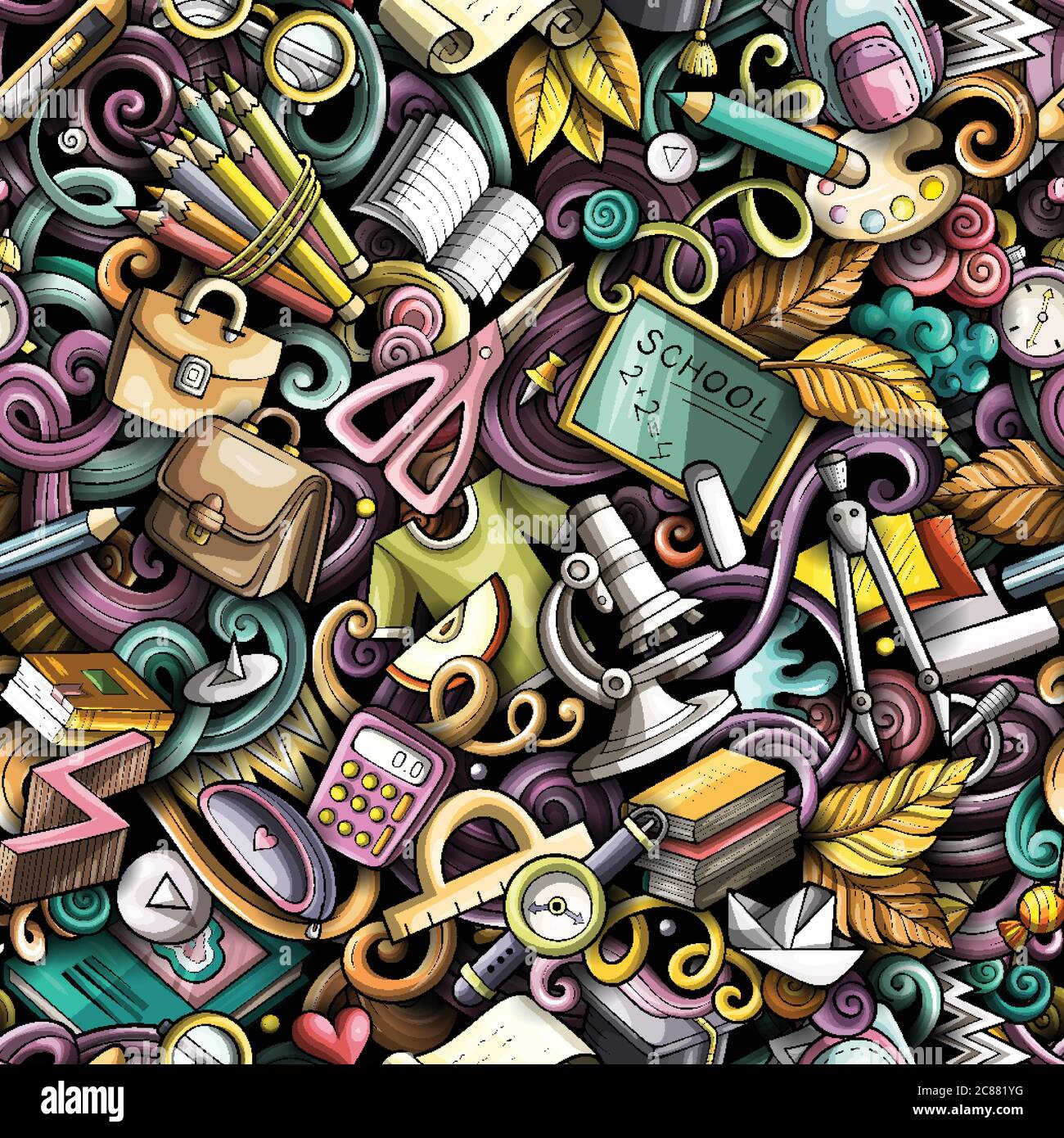 Cartoon cute doodles hand drawn School seamless pattern Stock Vector ...
