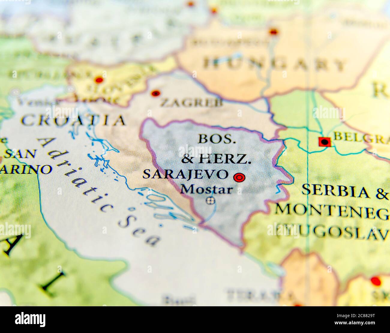 Geographic map of European country Bosnia and Herzegovina with important cities Stock Photo