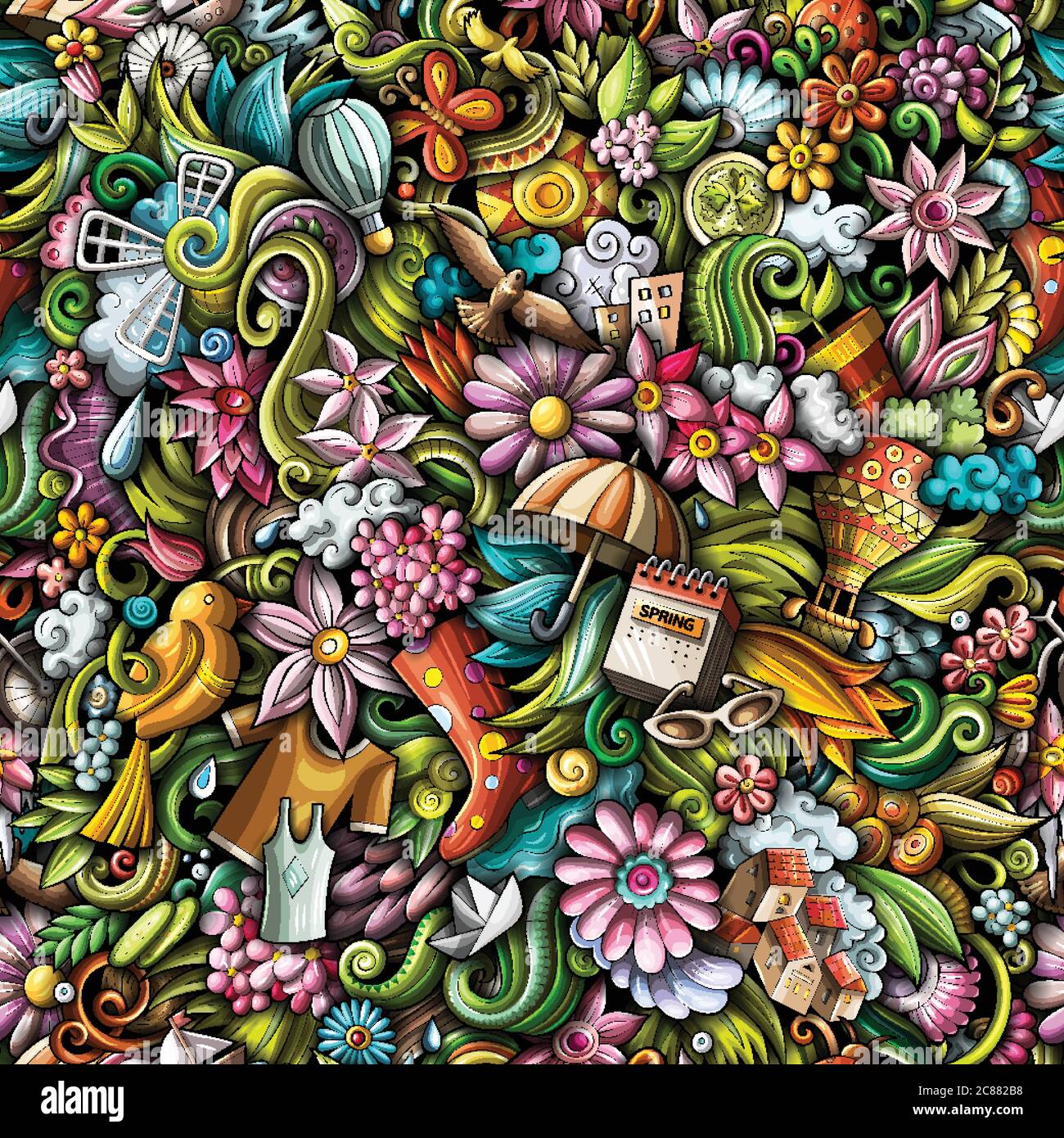Cartoon cute doodles hand drawn Spring seamless pattern. Stock Vector