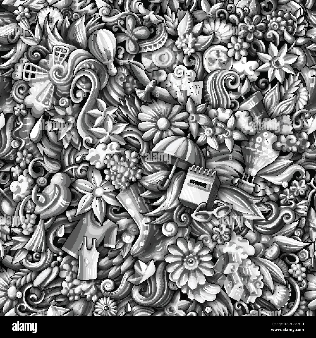 Cartoon cute doodles hand drawn Spring seamless pattern Stock Vector ...