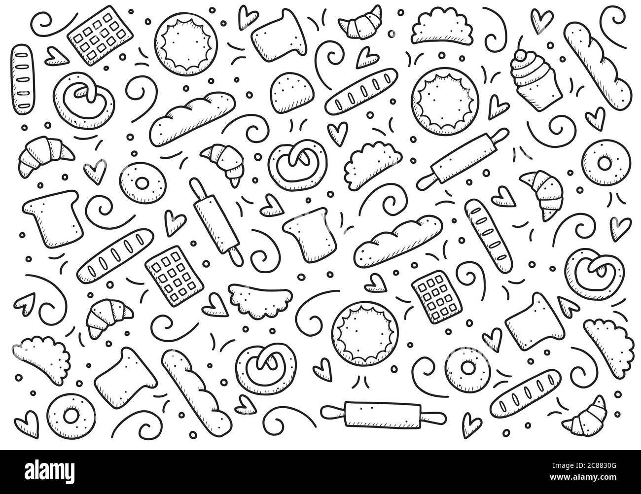 Hand drawn set of bakery and baking elements, bread, pastry, croissant ...