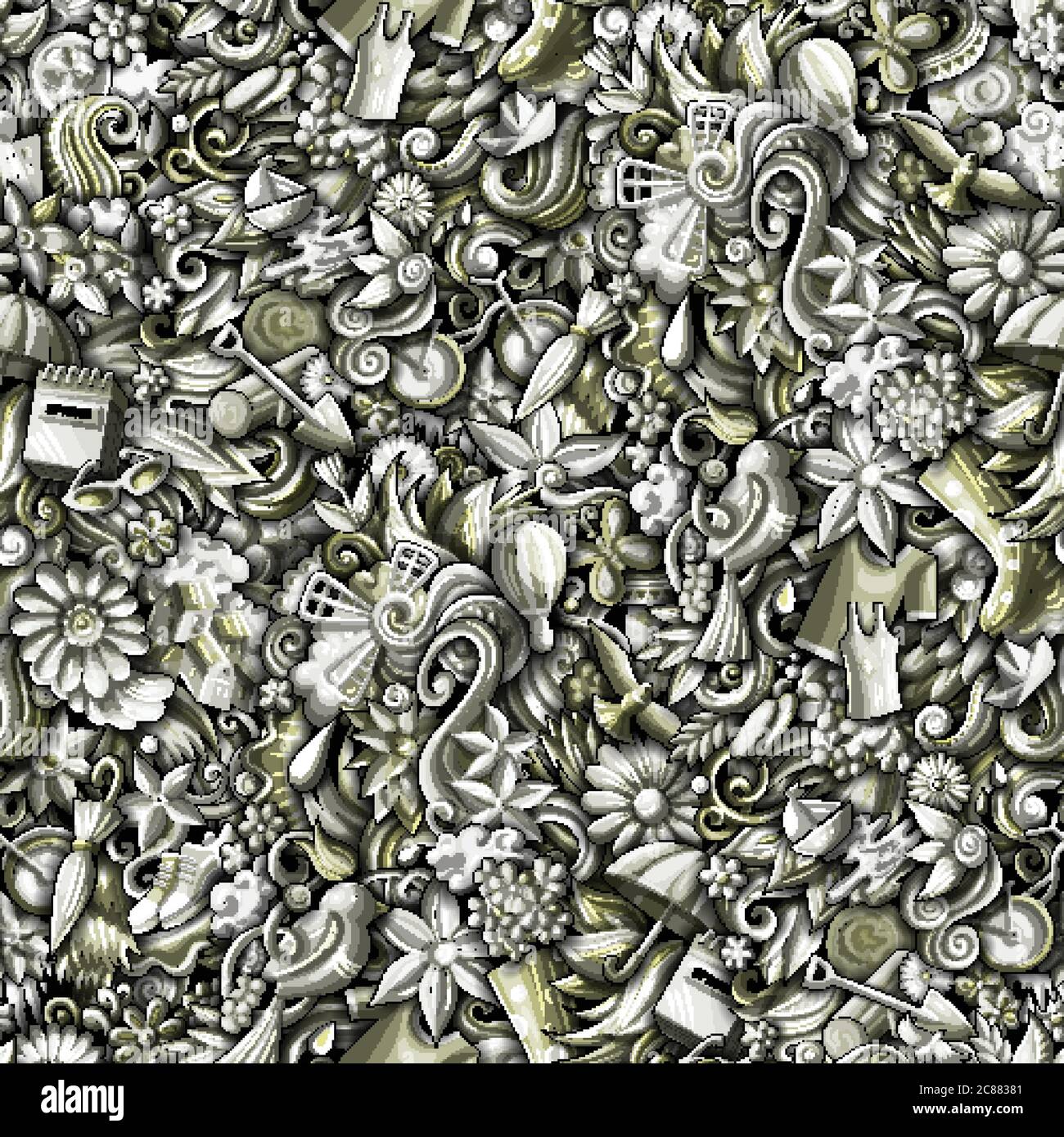 Cartoon cute doodles hand drawn Spring seamless pattern. Stock Vector