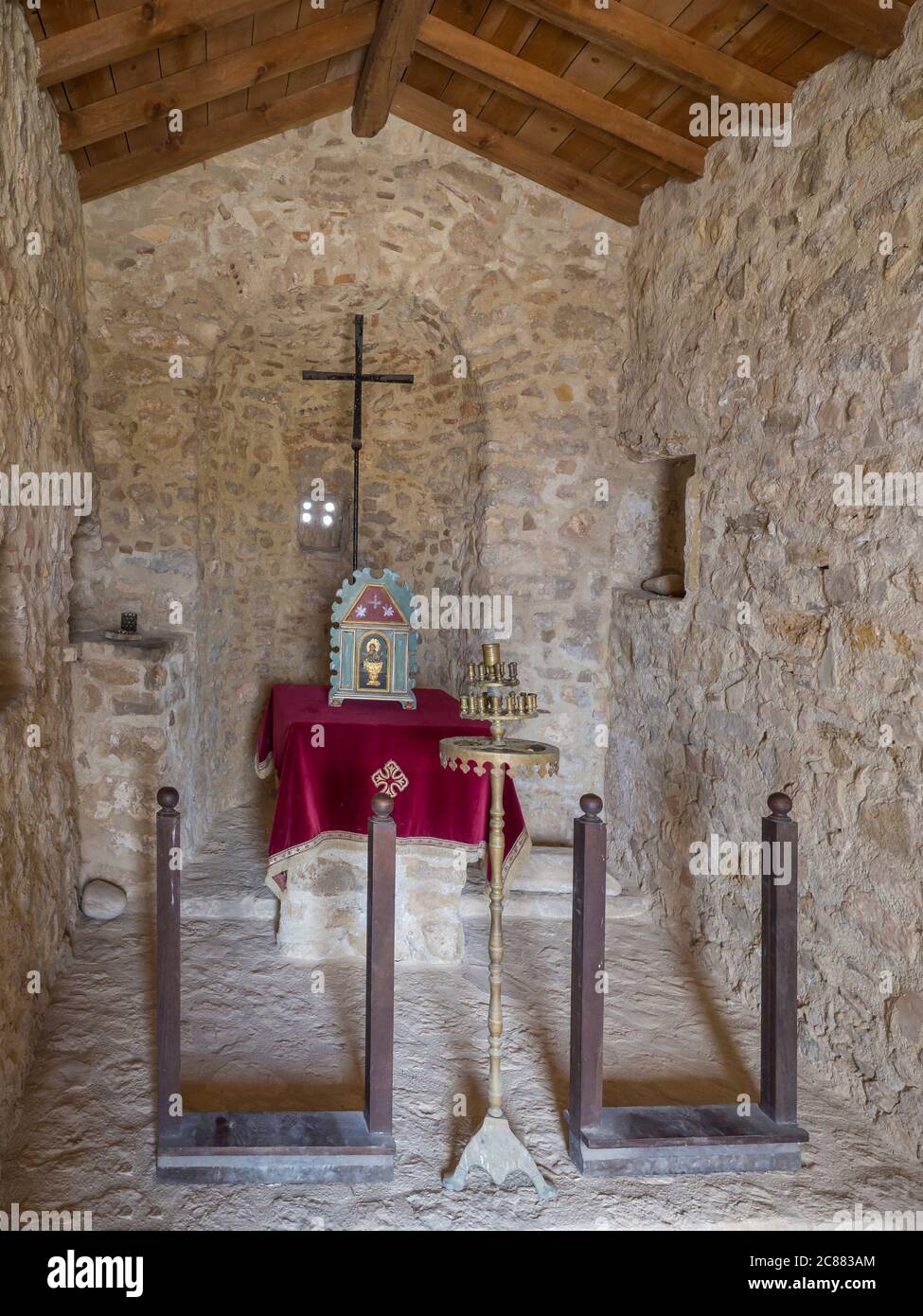 Greece, corfu, Paleokastritsa, september 26, 2018: Interior of small stone medieval chapel with wooden roof at fortified castle of Angelokastro close Stock Photo